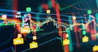 price graph and indicator, red and green candlestick chart on blue theme screen, market volatility, up and down trend. Stock trading, crypto currency background.