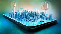 3D illustration of conceptual smart city hologram on smartphone screen. Telecom radio towers and wifi connections between buildings.